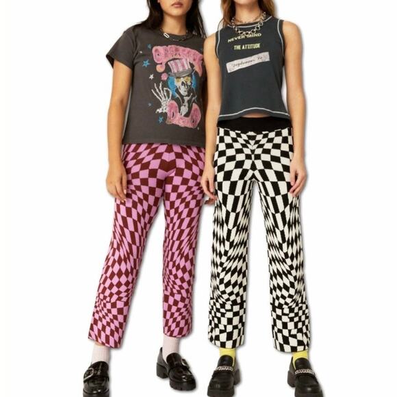 NWT Daydreamer Pink and Brown Checkered Magenta Wave Knit Pant S - Picture 1 of 9